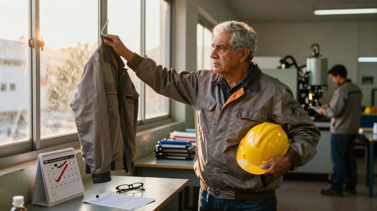 Homem de meia-idade em roupa de trabalho segura casaco e capacete amarelo numa oficina iluminada pela manhã.