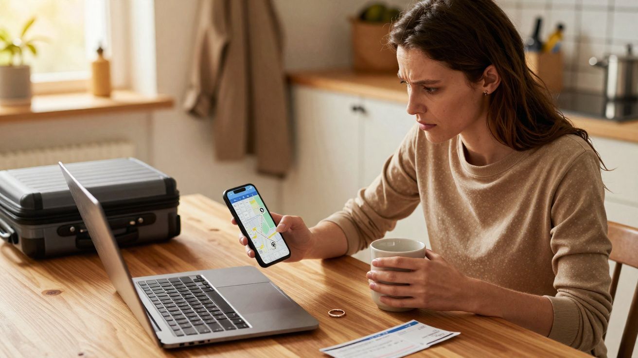 Mulher preocupada sentada à mesa com computador, telemóvel mostrando mapa e bilhetes em papel.