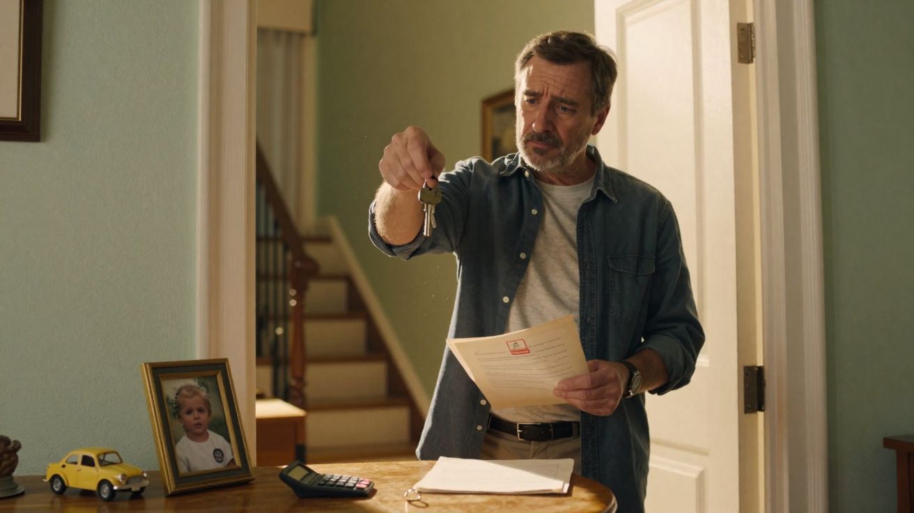 Homem de meia-idade segurando chave e vendo documento numa mesa com objetos pessoais numa casa.