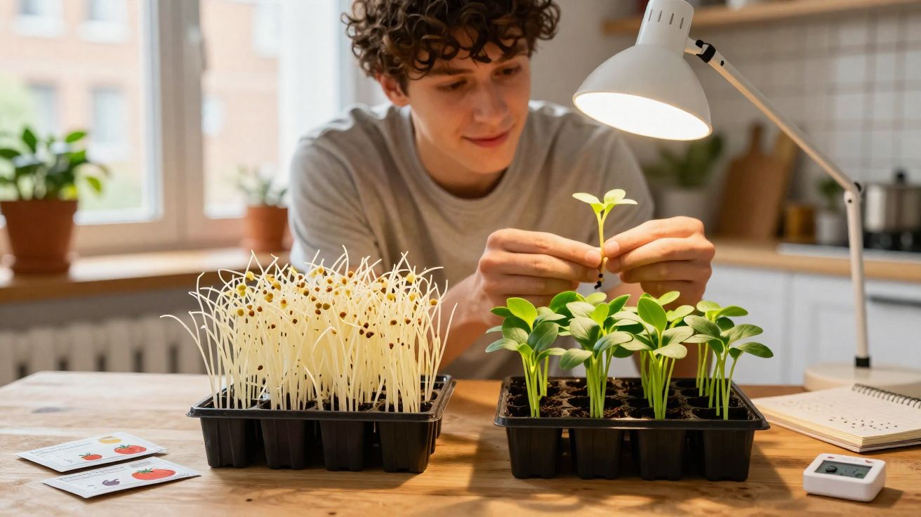 Jovem a cuidar de plantas jovens em bandejas numa cozinha iluminada por luz artificial.