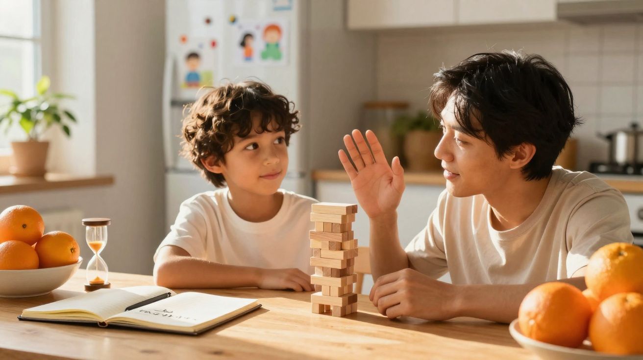 Criança e adulto jogam blocos de madeira juntos numa mesa de cozinha iluminada pelo sol.