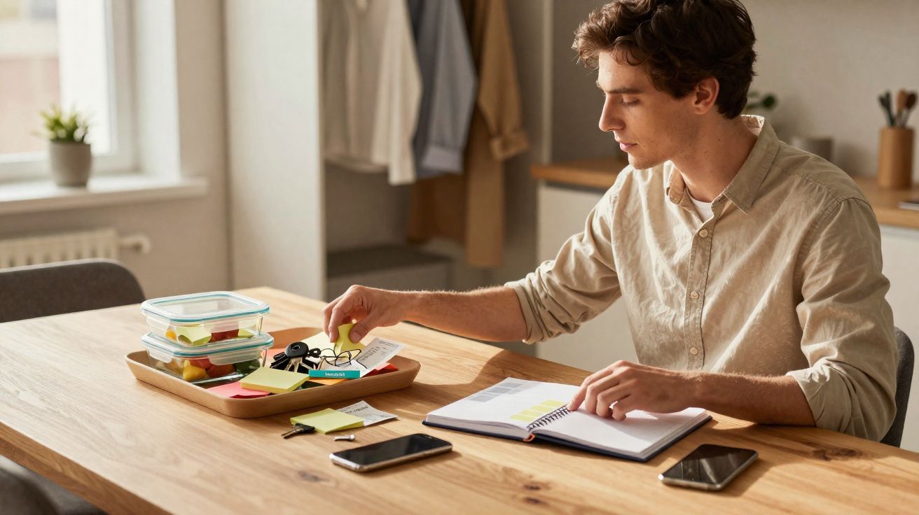 Homem sentado à mesa a organizar recados e planejar com bloco de notas, telemóveis e marmitas à sua frente.