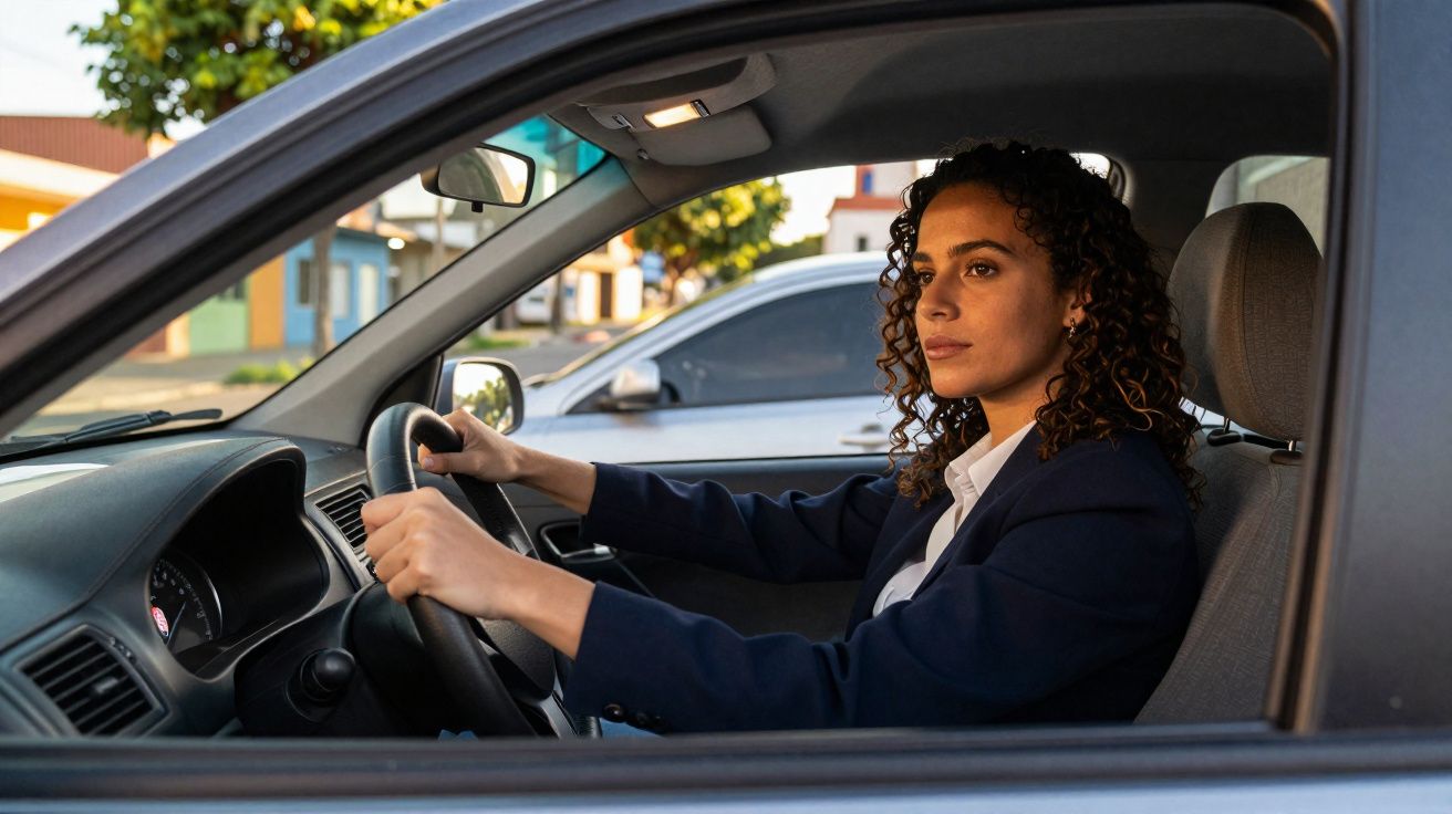 Mulher jovem com cabelo encaracolado conduzindo um carro e olhando para a estrada com expressão atenta.