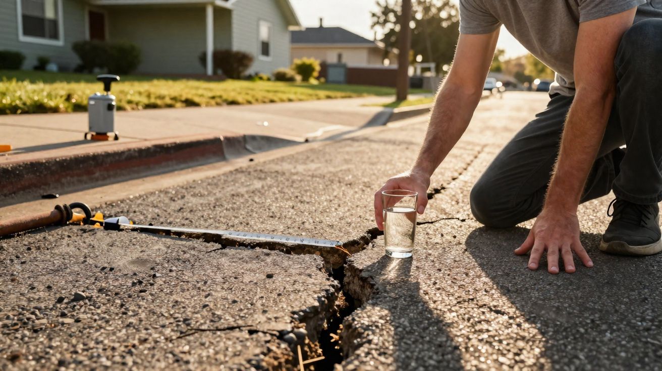 Pessoa de joelhos a colocar copo de vidro com água numa fissura profunda no asfalto da estrada.
