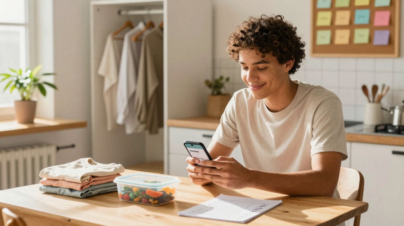Jovem sentado a olhar para o telemóvel numa mesa com roupa dobrada, legumes e lista de compras.