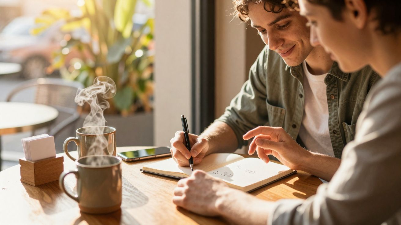 Duas pessoas desenham e conversam numa mesa de café com duas chávenas de café a fumegar.