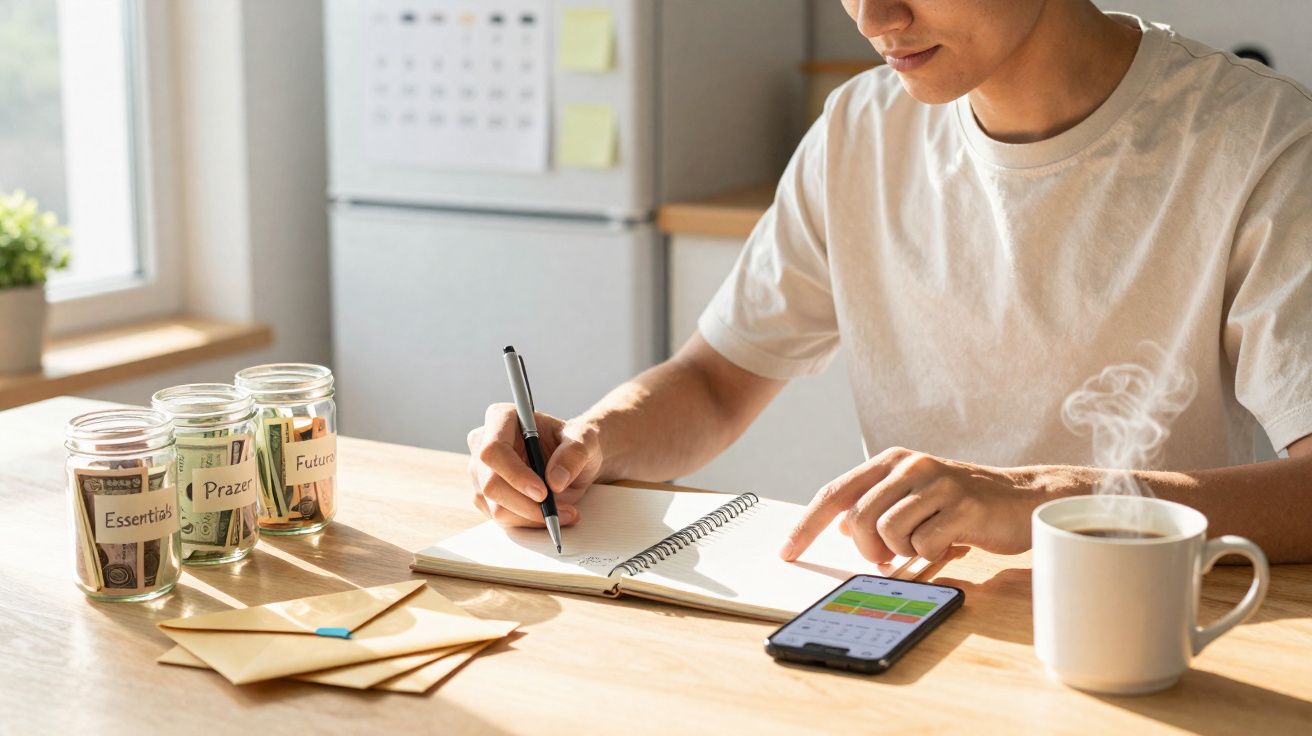 Pessoa a escrever num caderno com frascos de poupança, envelopes, telemóvel e chá quente numa mesa.