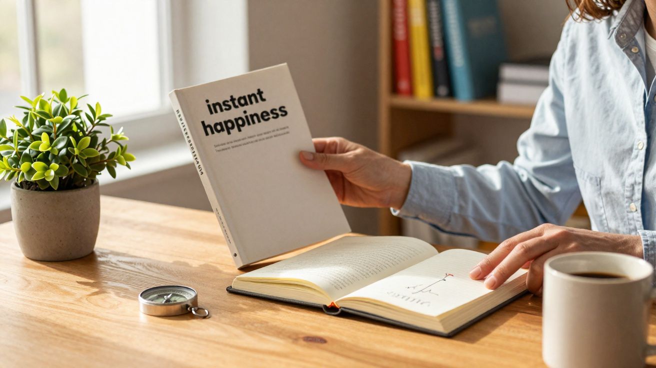 Pessoa segurando um livro intitulado "instant happiness" enquanto está numa mesa com uma planta, bússola e caneca de café.