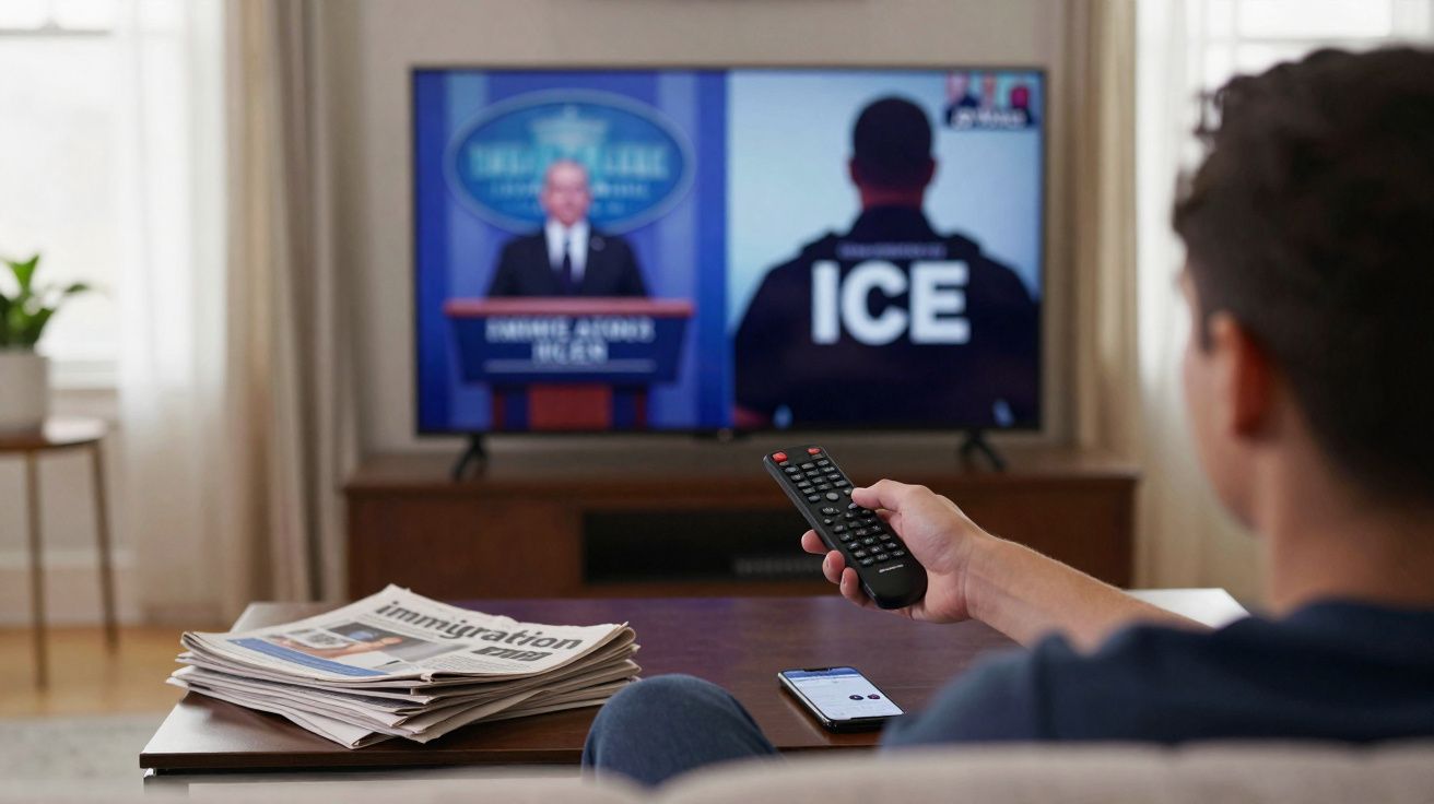 Pessoa sentada no sofá a ver noticiário sobre imigração na televisão, com jornal e comando na mesa.