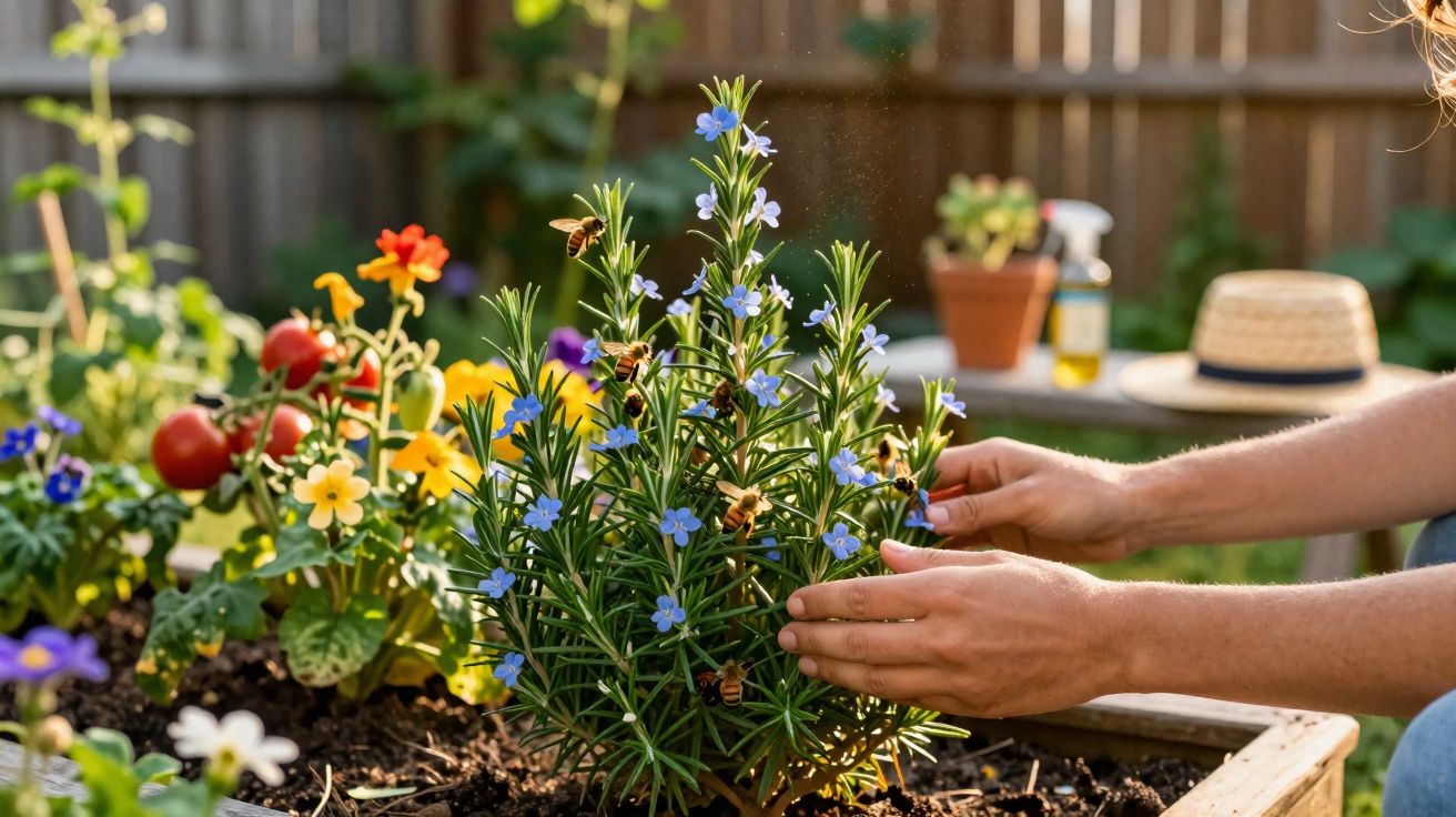 Mãos a cuidar de planta com flores azuis e abelhas num vaso de jardim com outras flores e tomates.