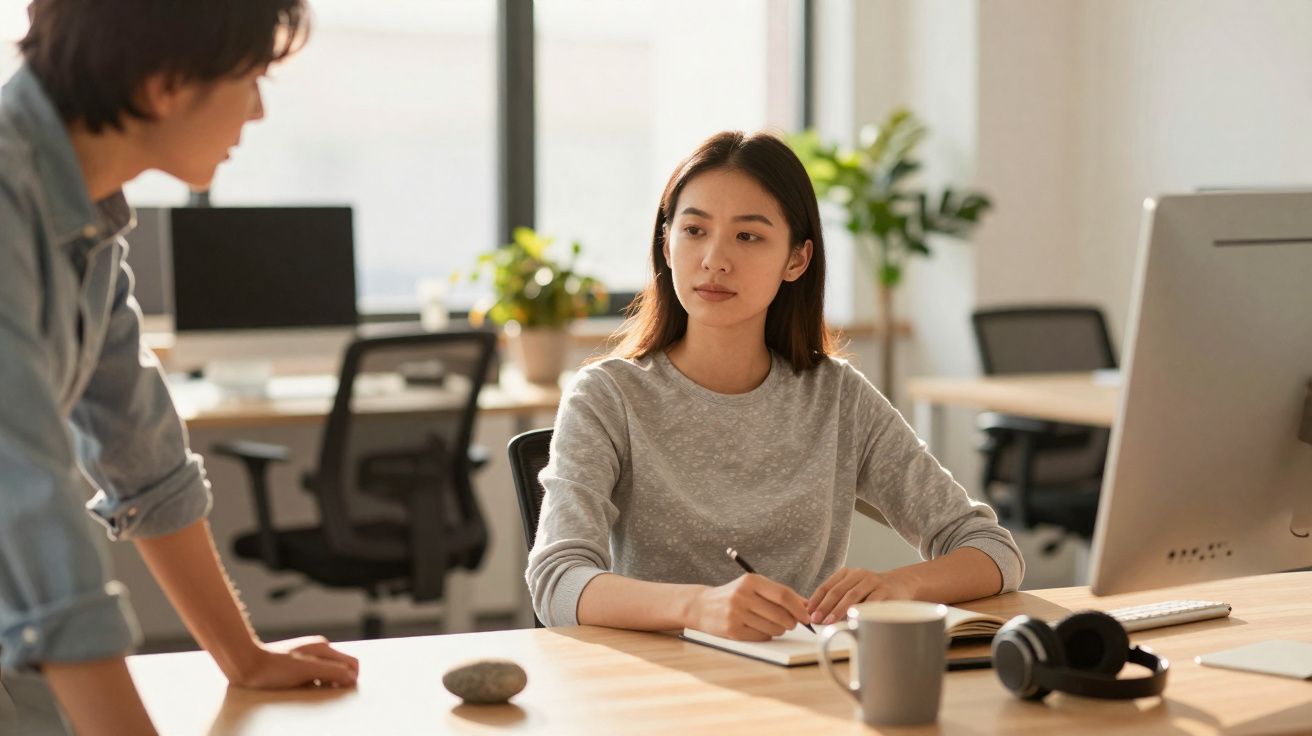 Dois jovens em escritório moderno em conversa, com computador, caderno e auriculares na secretária.
