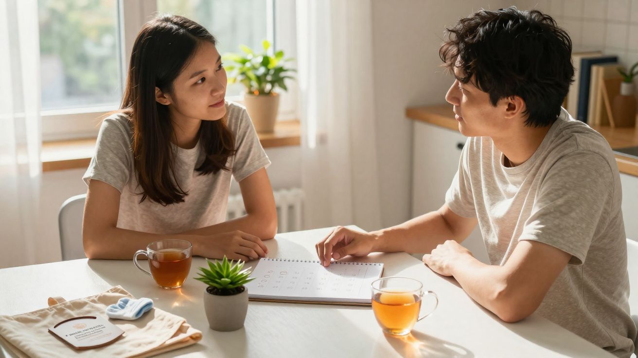 Casal sentado à mesa, conversando e a consultar um calendário com chá e plantas na cozinha iluminada.
