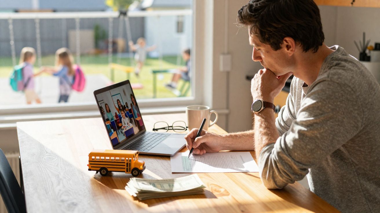 Homem a estudar em casa com computador, papel e caneta na mesa, crianças a brincar no exterior ao fundo.