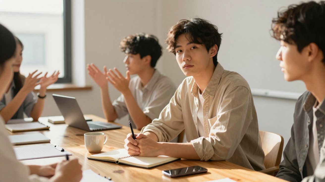 Jovem sentado à mesa com caderno e caneta, participando numa reunião com outras pessoas.