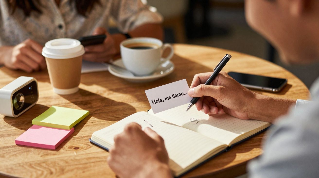 Pessoa escreve num caderno enquanto segura um cartão com texto em espanhol numa mesa com múltiplos objetos.