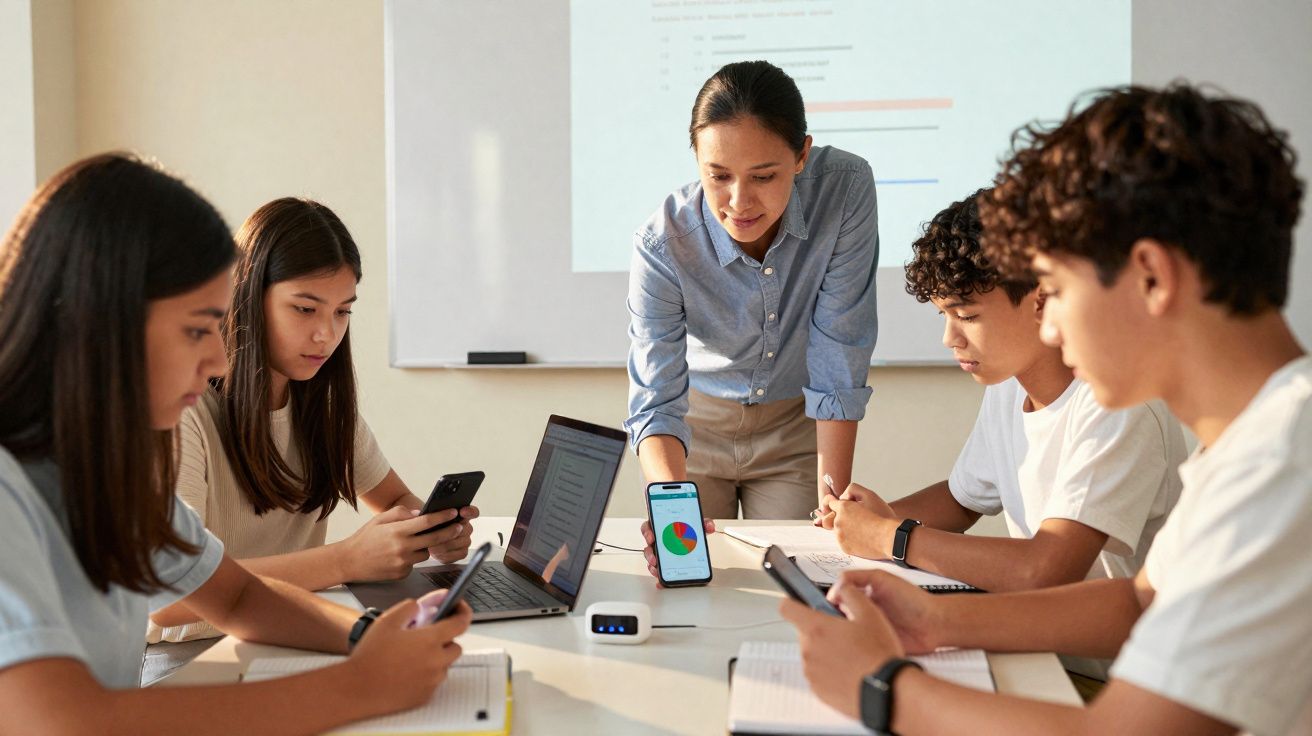 Professora mostra gráfico em smartphone a grupo de estudantes sentados com computadores e cadernos numa sala de aula.