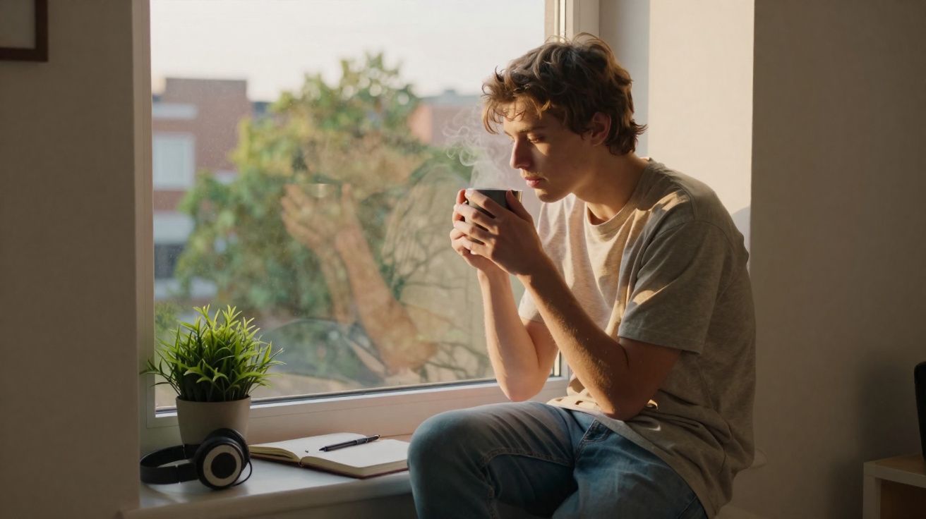 Jovem sentado na janela a beber bebida quente, com caderno, auriculares e planta ao lado.