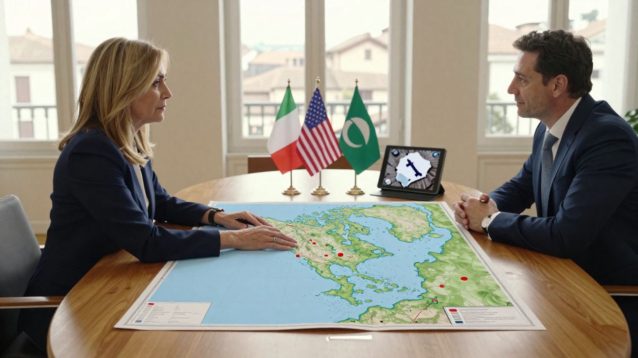 Duas pessoas em reunião com mapa geográfico e bandeiras dos EUA, Itália e OPEP numa mesa.