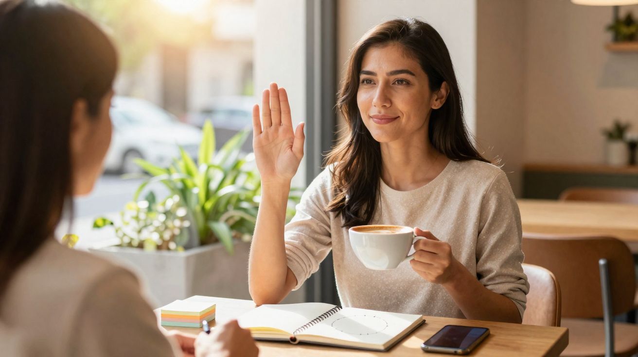Mulher segura chávena e levanta a mão enquanto conversa com outra pessoa num café luminoso.
