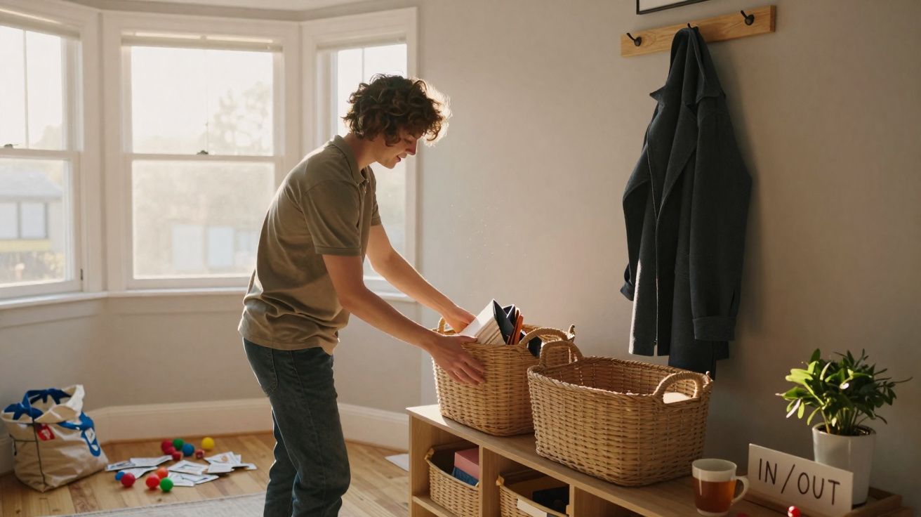 Pessoa jovem a organizar objetos em cesta de vime numa sala iluminada por janelas amplas.