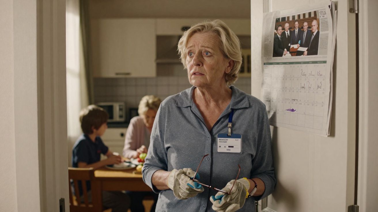 Mulher idosa com luvas e crachá segura óculos, olhando preocupada, criança e adulto ao fundo numa cozinha.