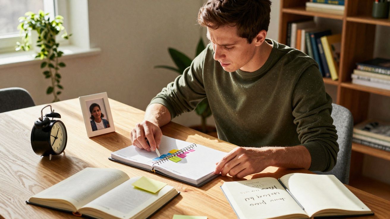 Homem sentado à mesa a estudar com livros, agenda e relógio, em ambiente iluminado por luz natural.
