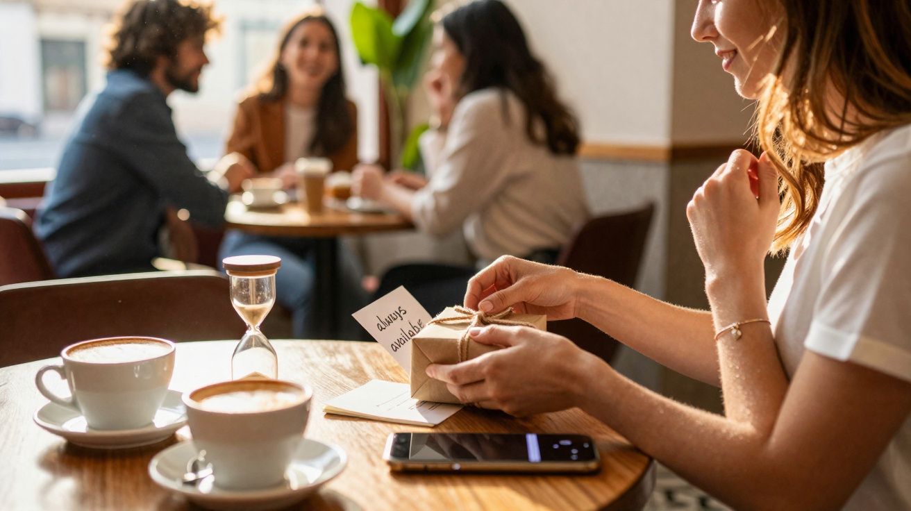 Mulher desembrulha presente com cartão ao lado de duas chávenas de café e amigos ao fundo numa cafetaria.