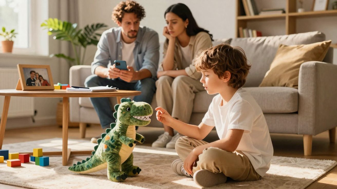 Criança a brincar com dinossauro de peluche enquanto casal observa preocupado no sofá da sala.