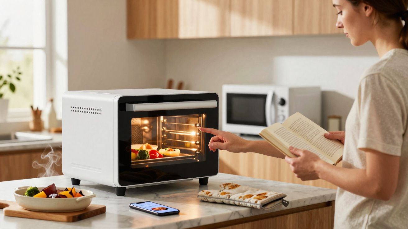 Mulher na cozinha a usar um forno elétrico de bancada enquanto lê uma receita de um livro.