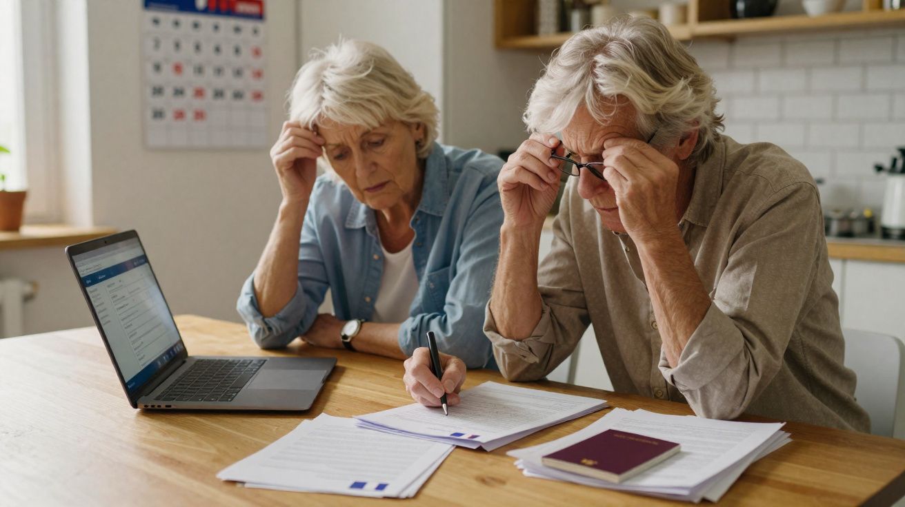 Casal idoso preocupado a analisar documentos e contas numa mesa com computador portátil e passaportes.