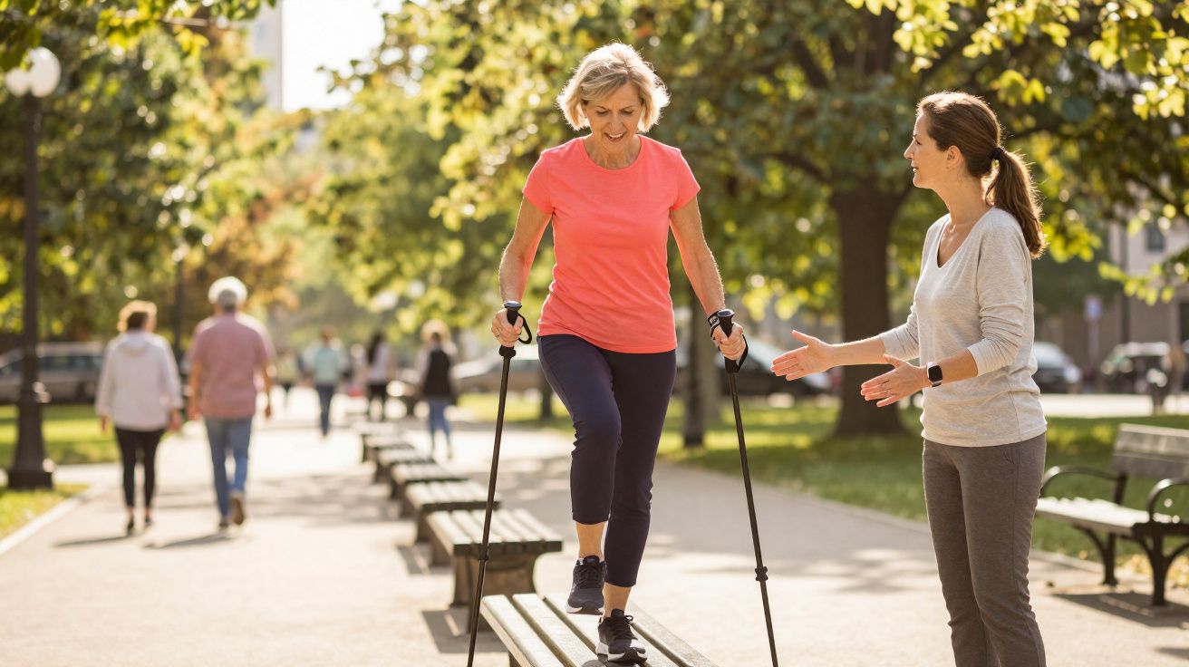 Mulher sénior a praticar caminhada com bastões num parque, assistida por instrutora com roupa desportiva.