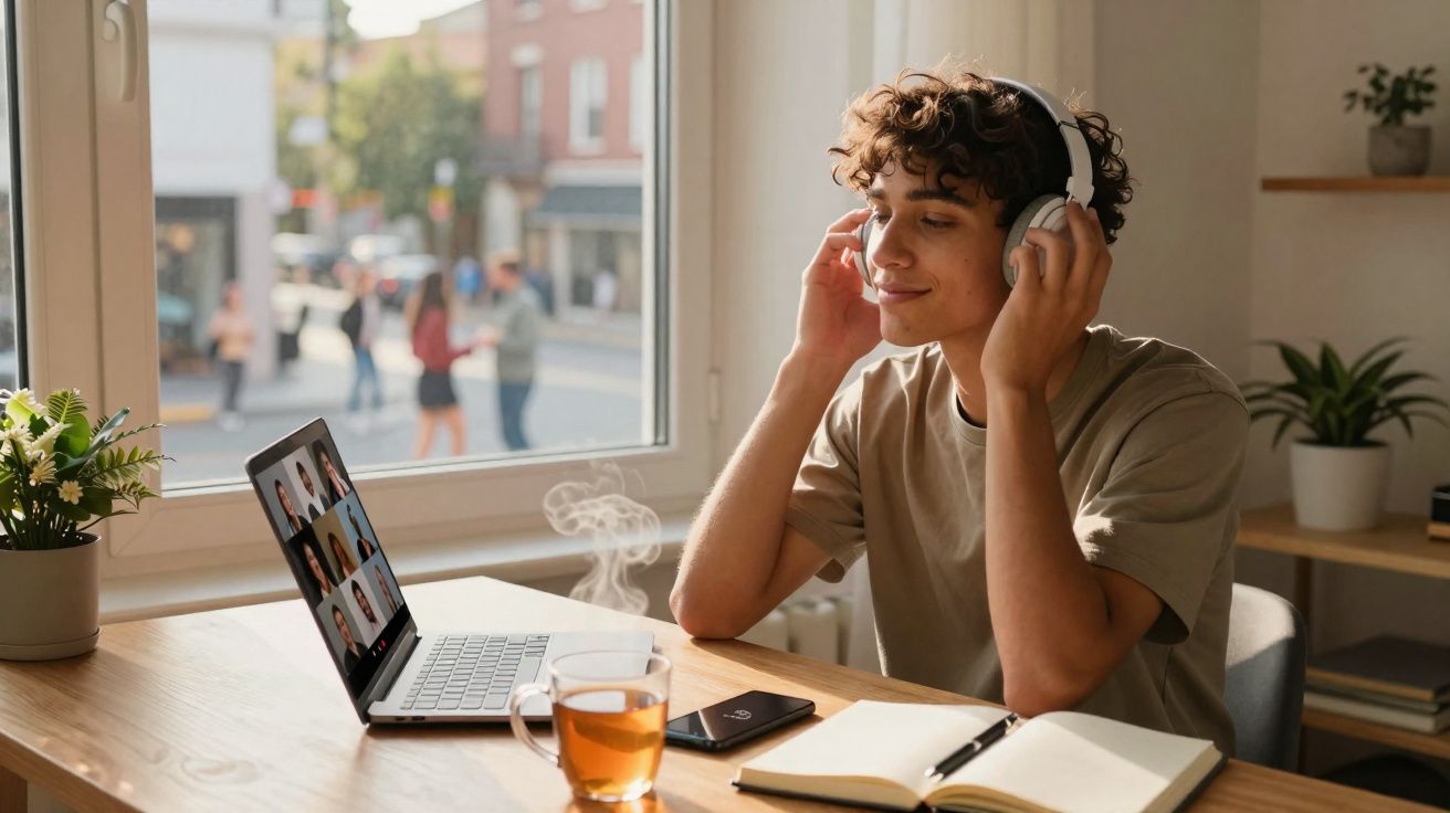 Jovem com auscultadores brancos a participar em videochamada no portátil junto à janela, com chá quente na mesa.