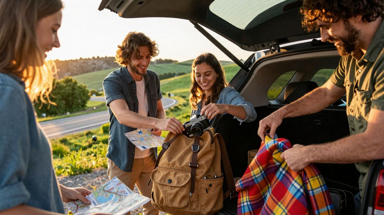 Grupo de amigos a preparar mochilas junto a um carro, em zona campestre ao pôr do sol.