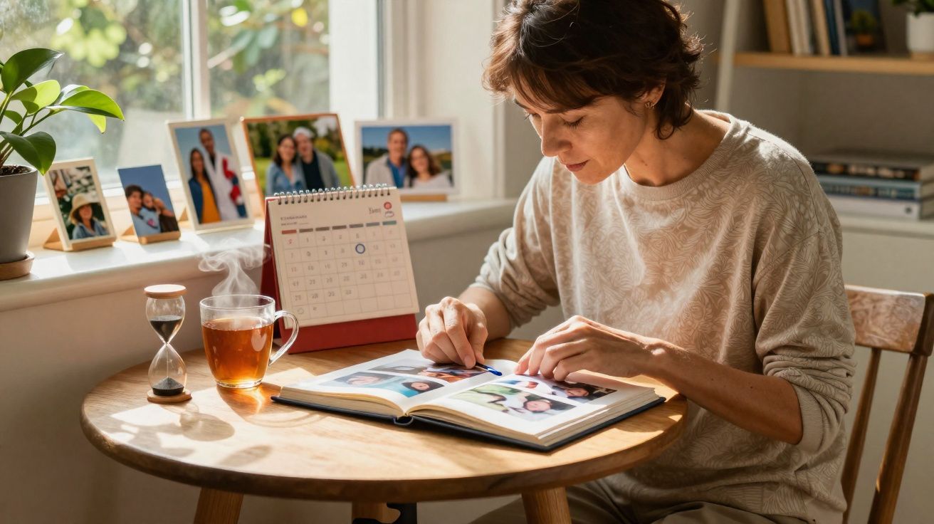 Mulher sentada à mesa a olhar álbuns de fotografias com chá quente e calendário ao lado numa sala iluminada.