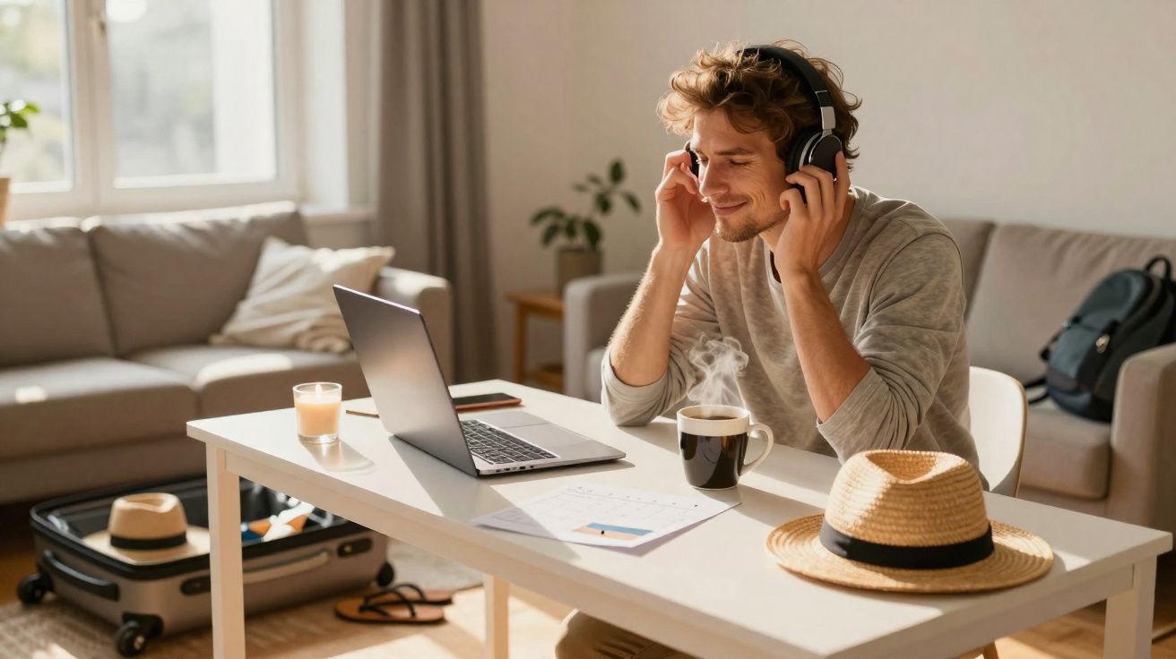 Homem sorridente com auscultadores sentado a trabalhar num portátil numa sala iluminada e acolhedora.
