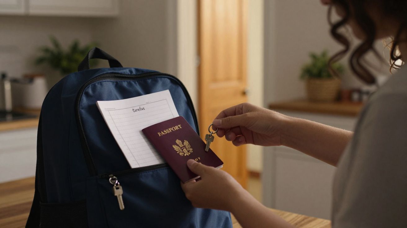 Pessoa a colocar um passaporte e uma chave numa mochila azul com uma folha de tarefas visível no bolso.
