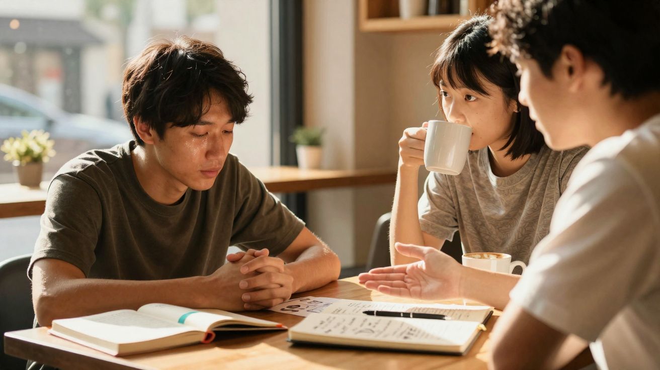 Três jovens sentados à mesa com livros e cadernos, uma menina bebe numa chávena num ambiente iluminado.