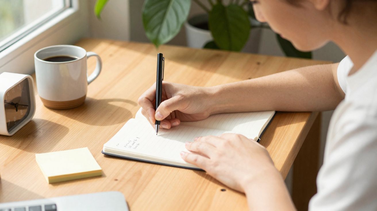 Pessoa a escrever num caderno numa secretária de madeira junto a uma janela com uma chávena de café.