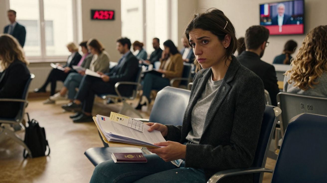 Mulher sentada numa sala de espera com documentos e passaporte na mão, rodeada de outras pessoas.