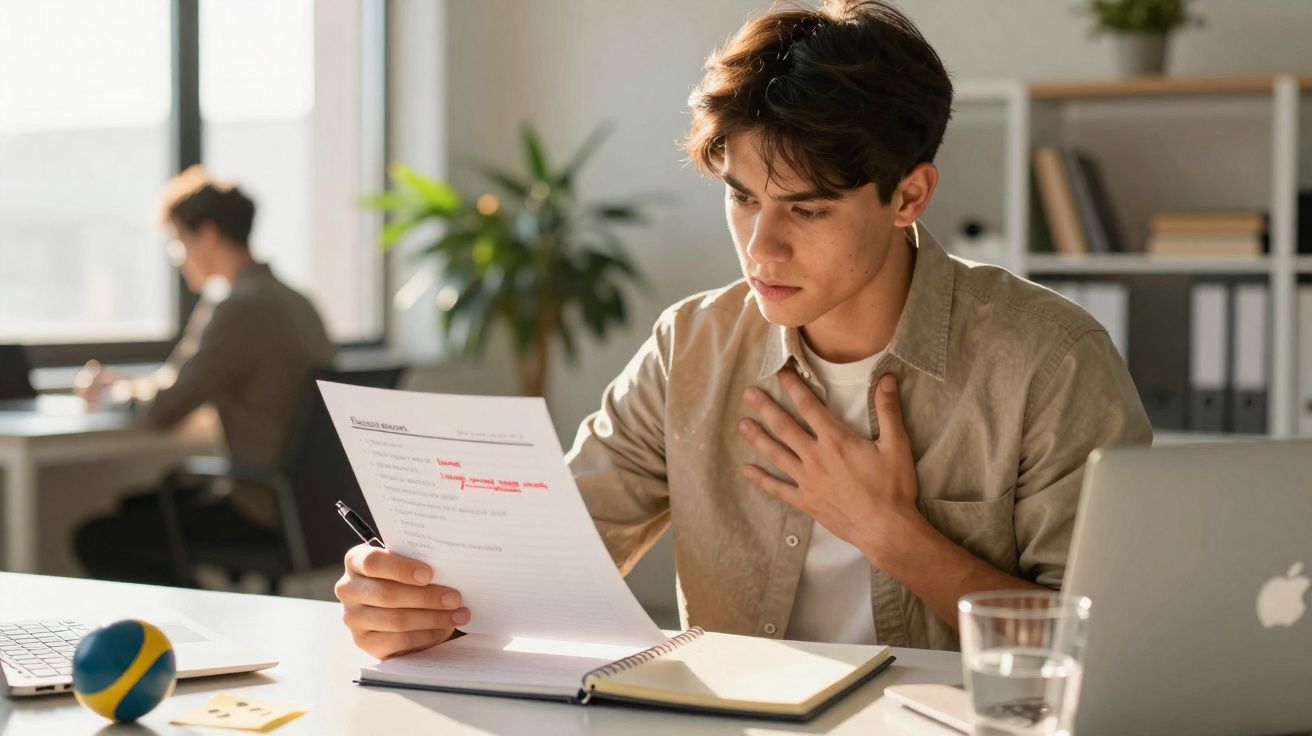 Homem concentrado a ler e corrigir documento sentado numa mesa com computador portátil e caderno.