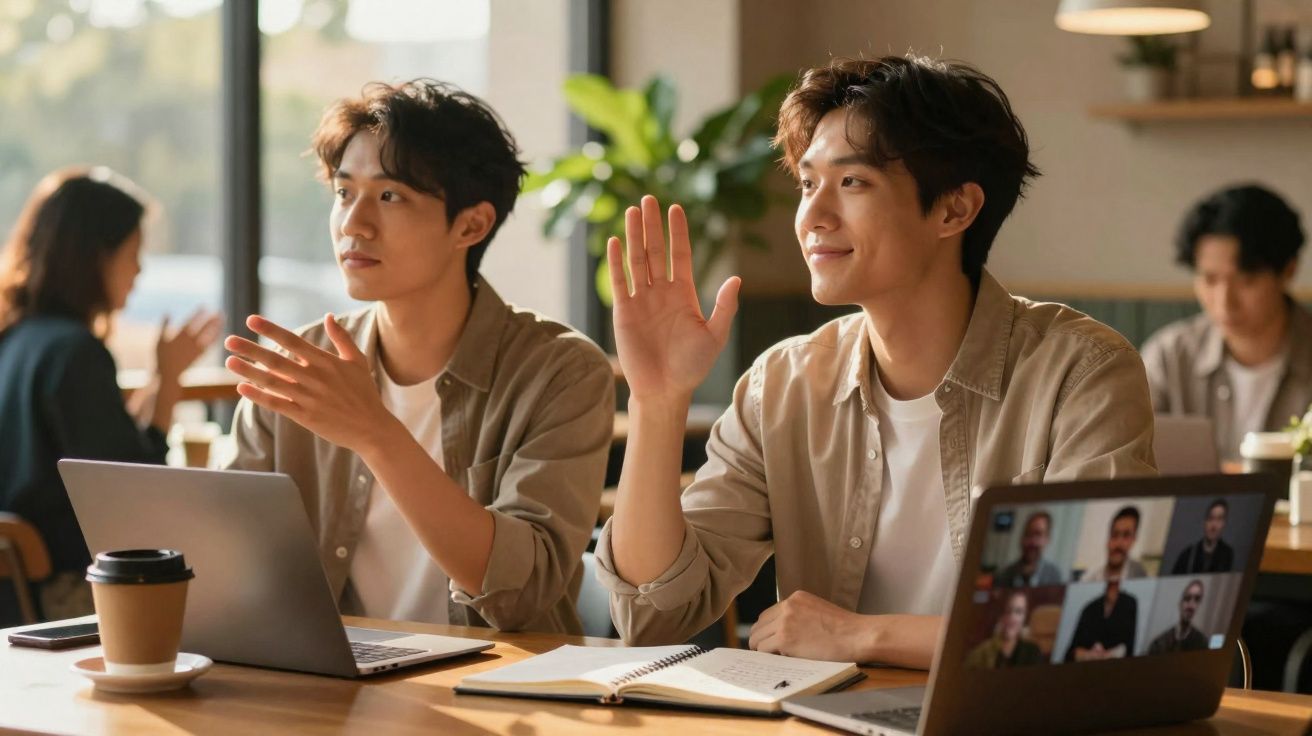 Dois jovens a participar numa reunião híbrida, um a aplaudir e outro a levantar a mão.