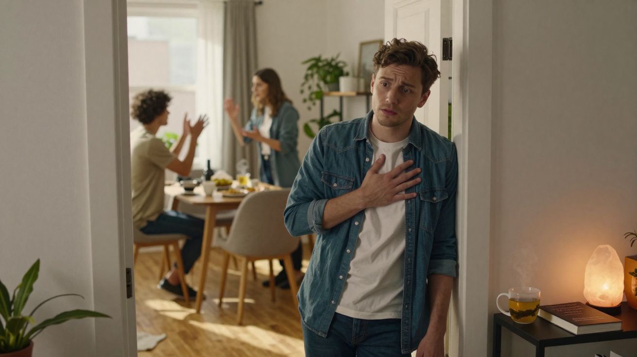 Homem com expressão preocupada encostado numa porta, enquanto casal discute ao fundo numa sala de jantar.