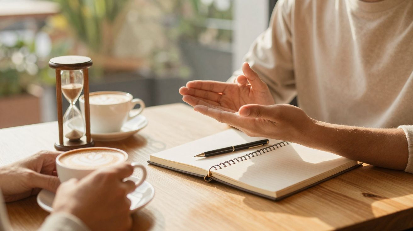 Duas pessoas em conversa com café, um livro aberto com caneta e ampulheta numa mesa de madeira.