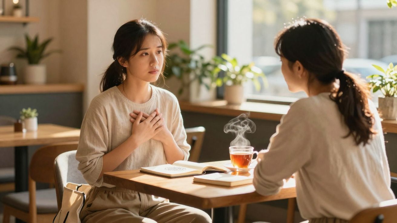 Duas mulheres sentadas numa mesa de café, uma parece preocupada enquanto conversa com a outra.