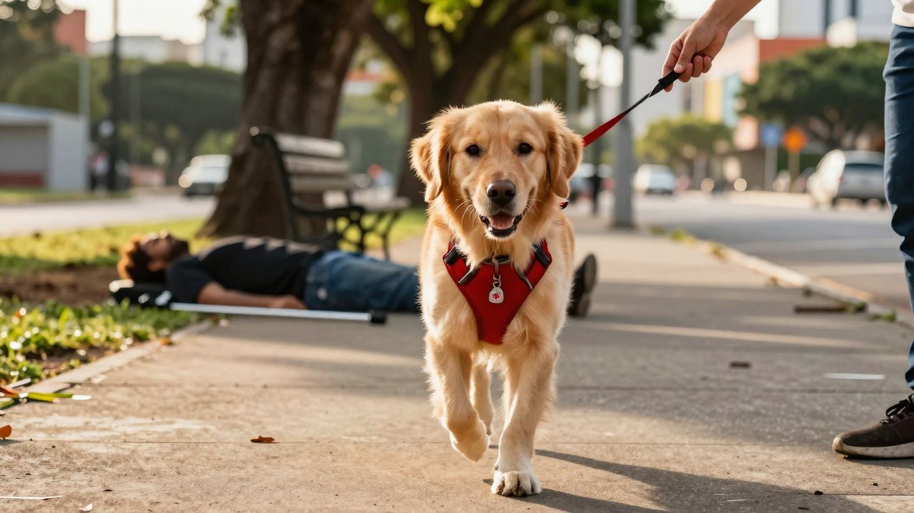 Cão labrador dourado com trela vermelha a ser passeado numa calçada, com pessoa deitada ao fundo.