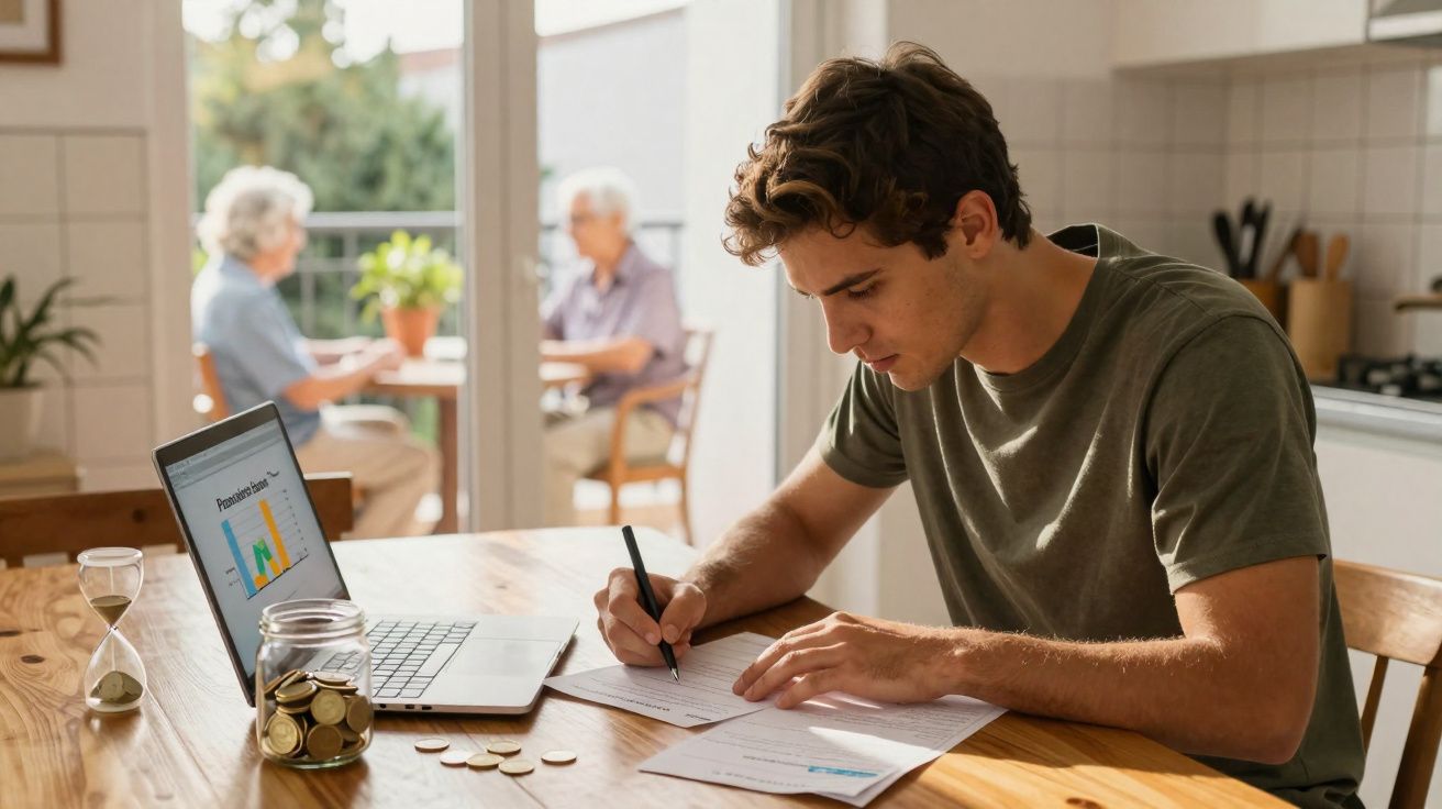 Jovem a escrever documentos à mesa com laptop mostrando gráficos e jarro com moedas, idosos ao fundo.