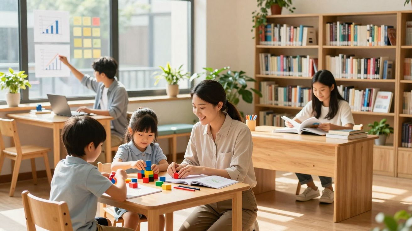 Mulher ajuda duas crianças a brincar e aprender com blocos coloridos numa sala de aula luminosa com livros e alunos.