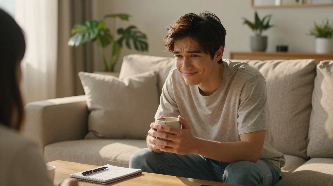 Jovem sentado no sofá a segurar uma chávena, conversa séria com outra pessoa numa sala acolhedora.