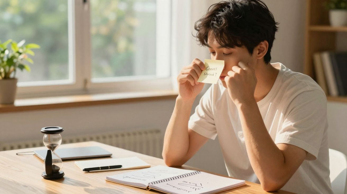 Jovem sentado numa mesa com nota adesiva no rosto, livros, ampulheta e janela ao fundo.