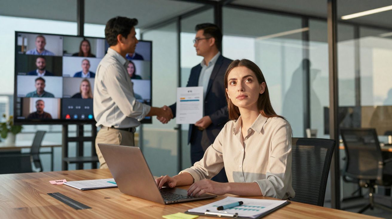 Mulher a trabalhar num computador portátil numa sala de reuniões, com dois homens a cumprimentar-se ao fundo.